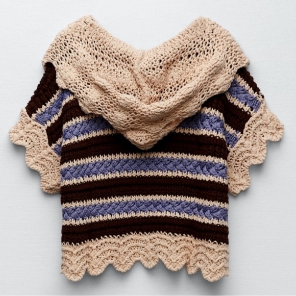 ZARA Striped Crochet Hooded Sweater Size M - Picture 2 of 8